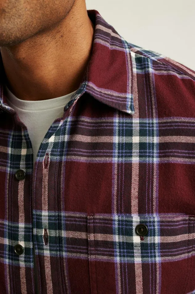 Men Fireside Flannel Shirt Burgundy Huxley Plaid Bonobos Overshirts