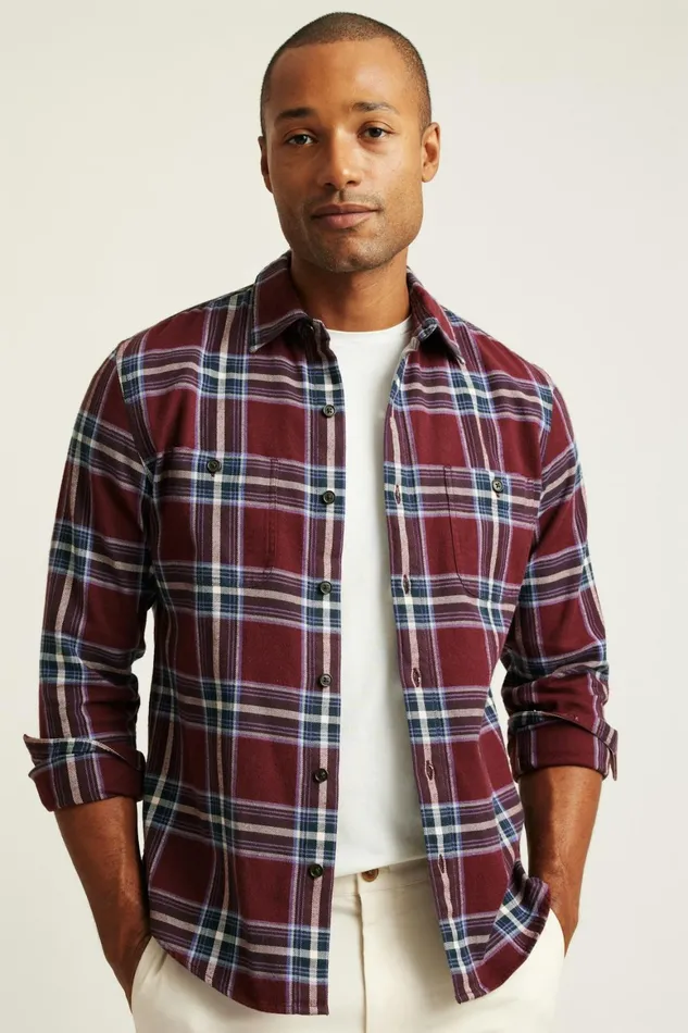 Men Fireside Flannel Shirt Burgundy Huxley Plaid Bonobos Overshirts