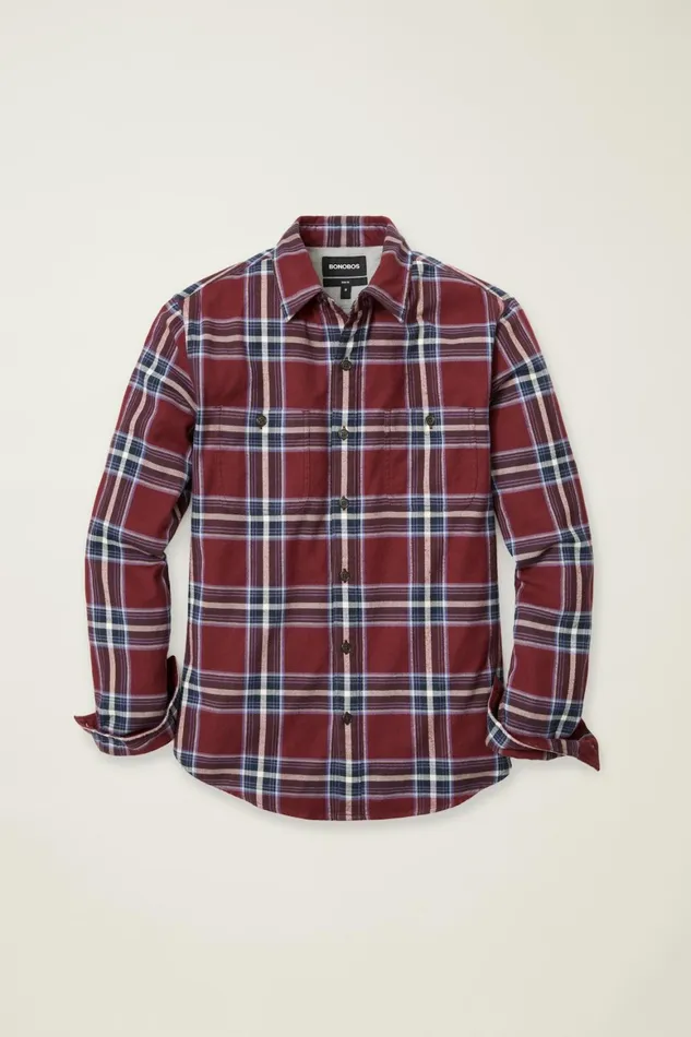 Men Fireside Flannel Shirt Burgundy Huxley Plaid Bonobos Overshirts