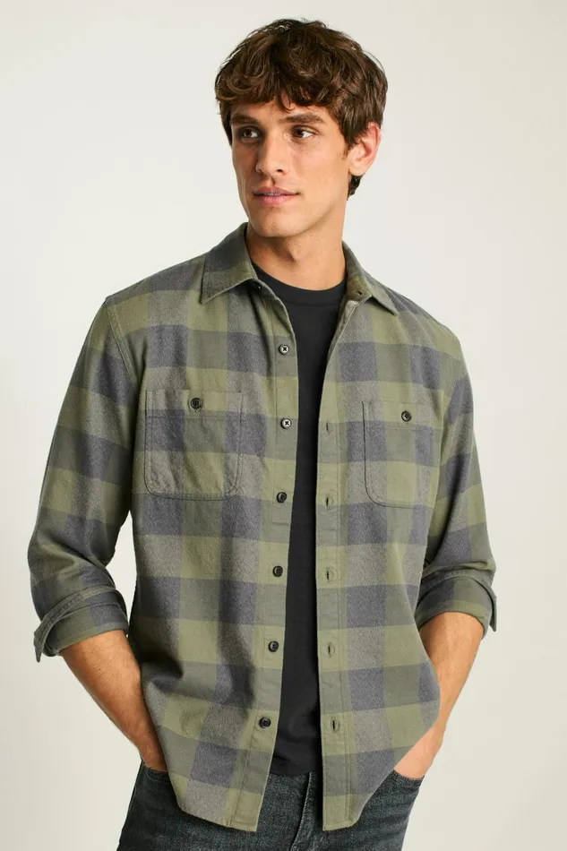 Men Fireside Flannel Shirt Olive Green Buffalo Plaid Bonobos Overshirts