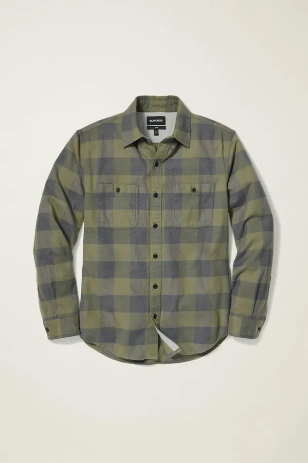 Men Fireside Flannel Shirt Olive Green Buffalo Plaid Bonobos Overshirts