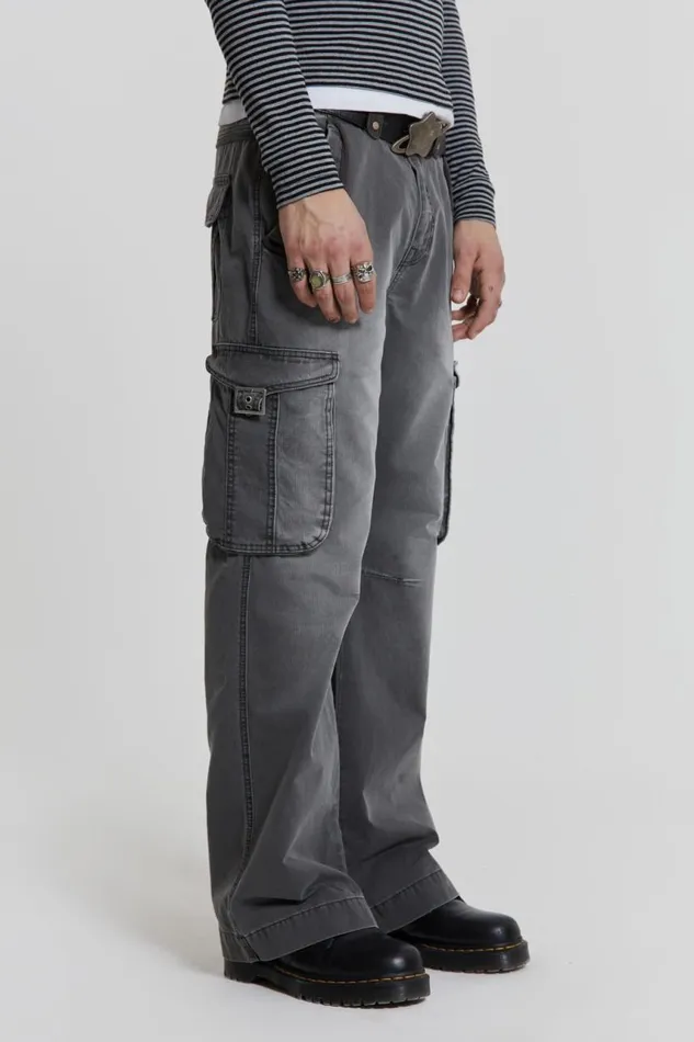 Men Grey Slub Denim Cargos Jaded London Cargo Pants
