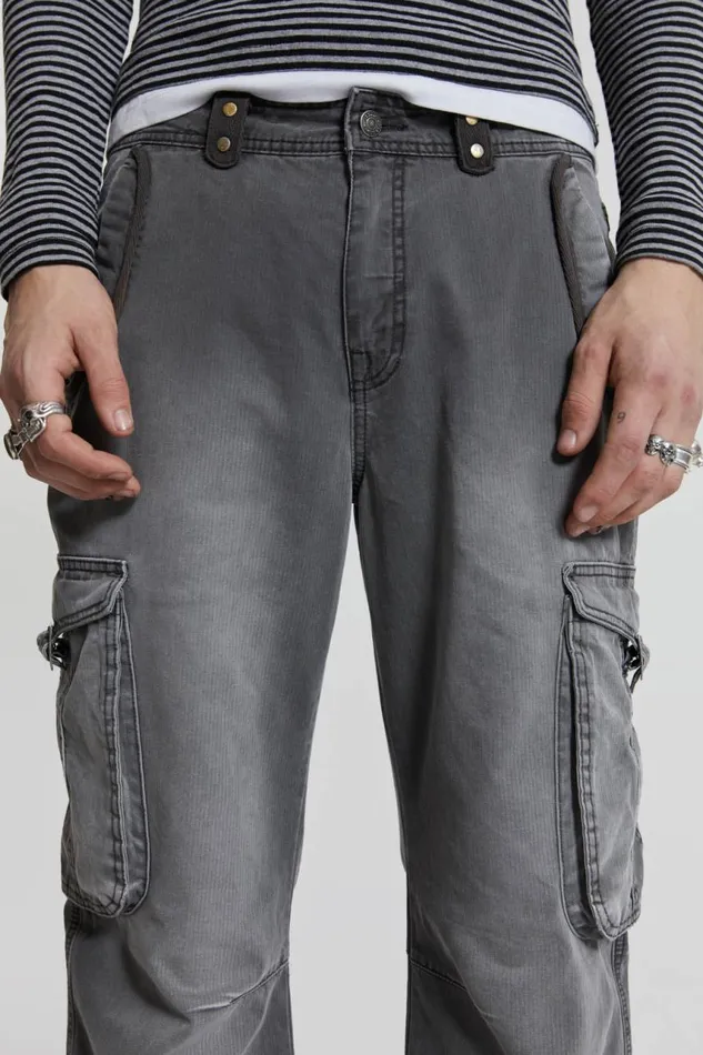 Men Grey Slub Denim Cargos Jaded London Cargo Pants