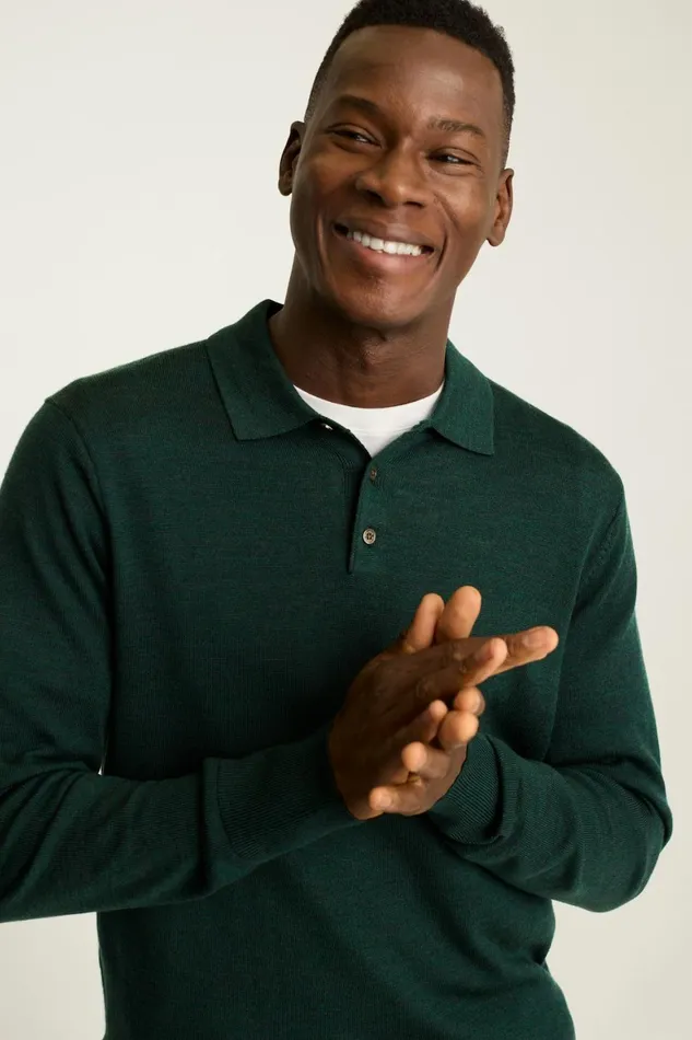 Men Hudson Long Sleeve Sweater Polo Forest Green Merino Bonobos Sweater Polos