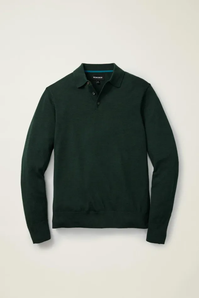 Men Hudson Long Sleeve Sweater Polo Forest Green Merino Bonobos Sweater Polos