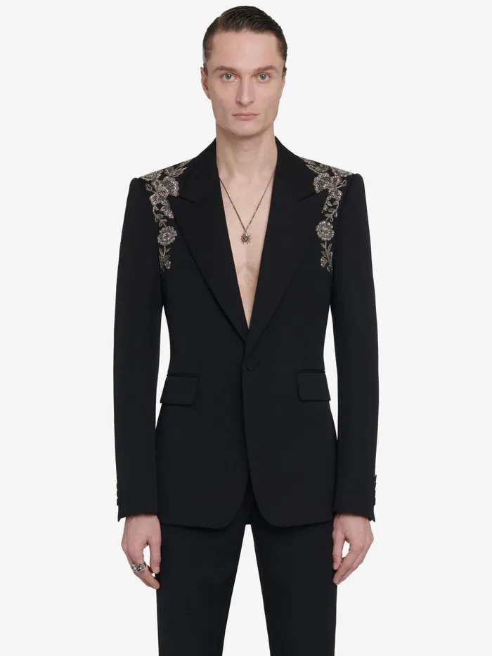 Men Jackets Alexander McQueen Embroidered Harness SingleBreasted Jacket Black