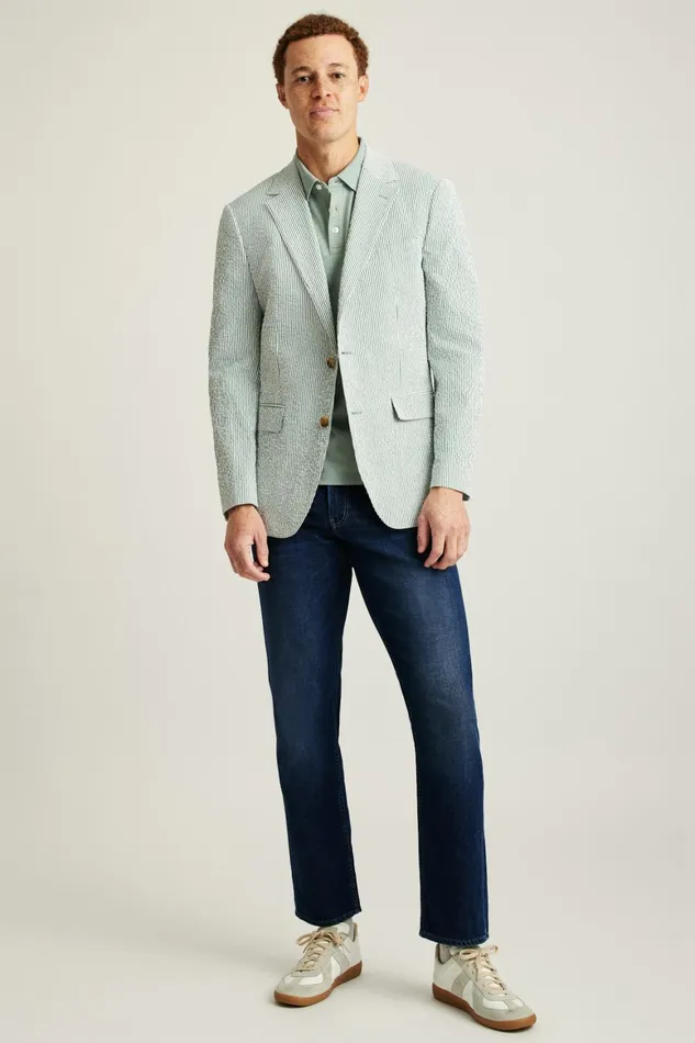 Men Jetsetter Italian Seersucker Blazer Olive And White Stripe Bonobos Blazers and Sport Coats