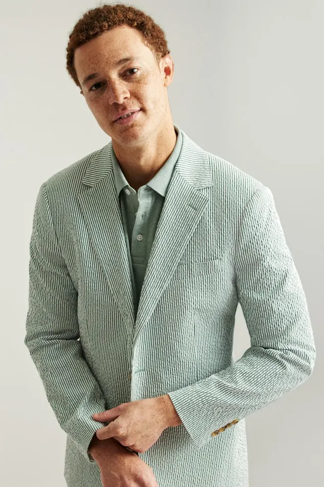 Men Jetsetter Italian Seersucker Blazer Olive And White Stripe Bonobos Blazers and Sport Coats