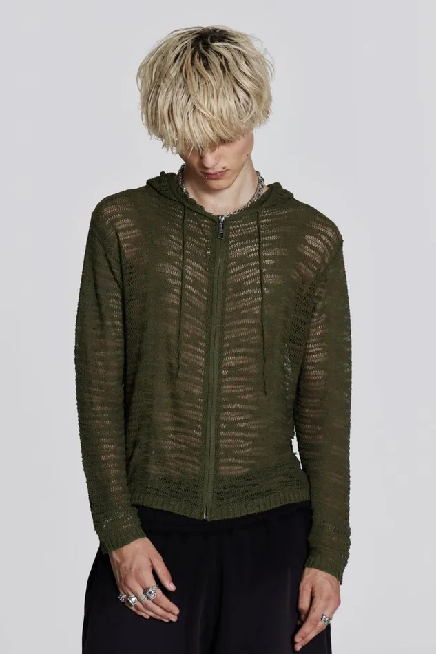 Men Khaki Open Knit Zip Through Hoodie Jaded London Knitwear