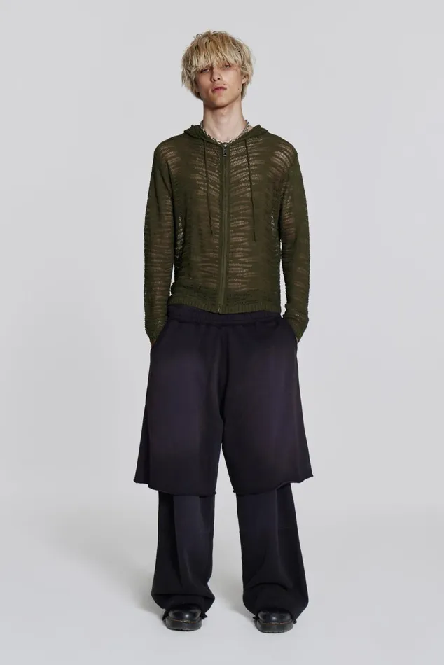 Men Khaki Open Knit Zip Through Hoodie Jaded London Knitwear