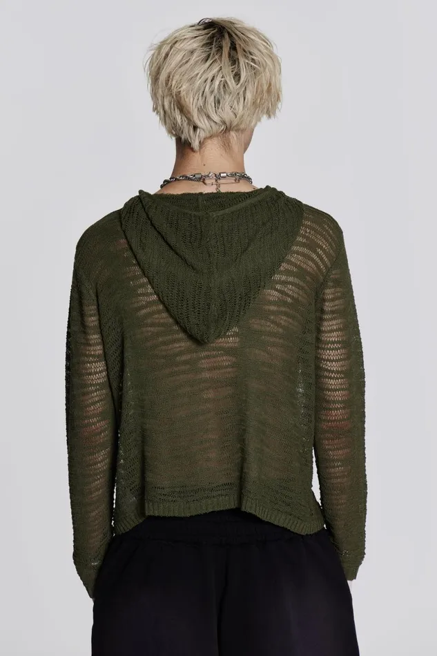 Men Khaki Open Knit Zip Through Hoodie Jaded London Knitwear