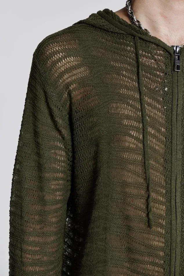 Men Khaki Open Knit Zip Through Hoodie Jaded London Knitwear