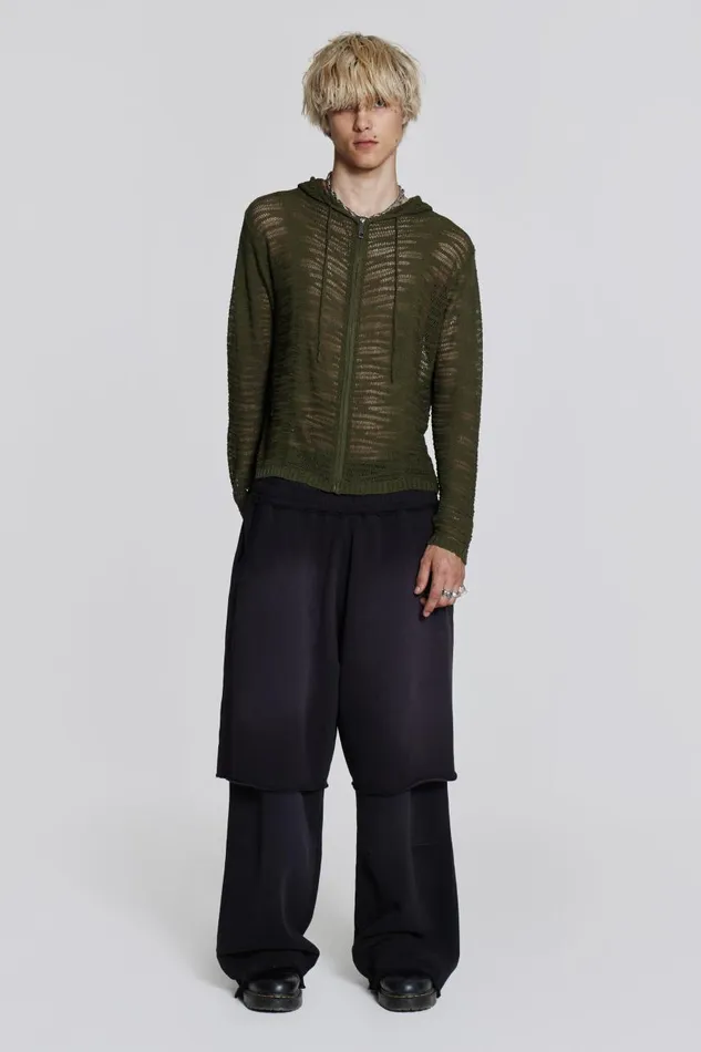 Men Khaki Open Knit Zip Through Hoodie Jaded London Knitwear