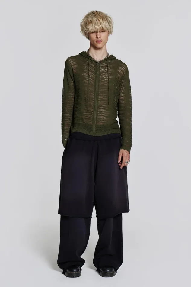 Men Khaki Open Knit Zip Through Hoodie Jaded London Knitwear