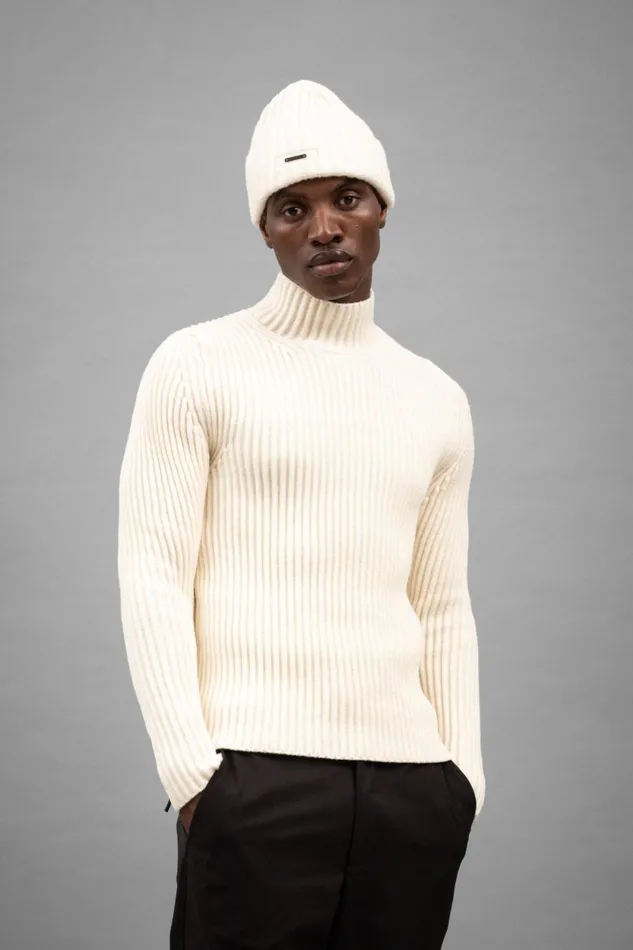 Men Norse Projects Knitwear Hybrid Rib Mock Neck Stretch Wool Ecru