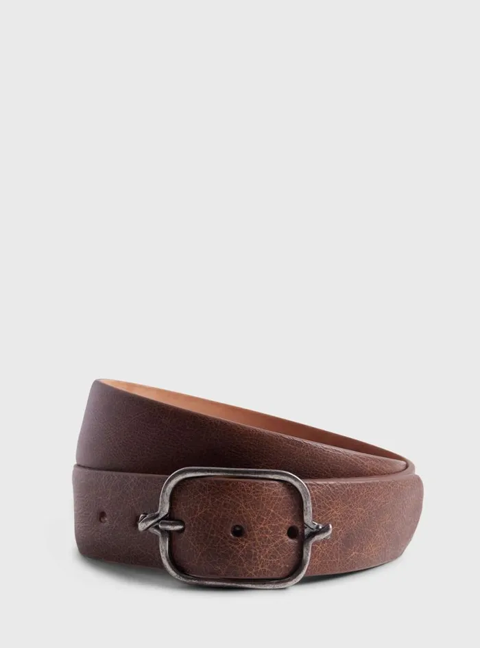 Men Paul Stuart Belts Textured Leather Belt With Silver Buckle Cognac