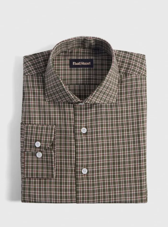 Men Paul Stuart Sport Shirts Cotton Flannel Plaid Sport Shirt Brownolive