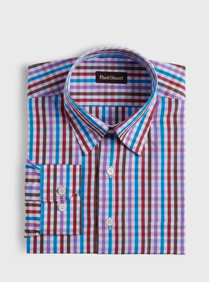 Men Paul Stuart Sport Shirts Cotton Multicolor Check Sport Shirt Purplered