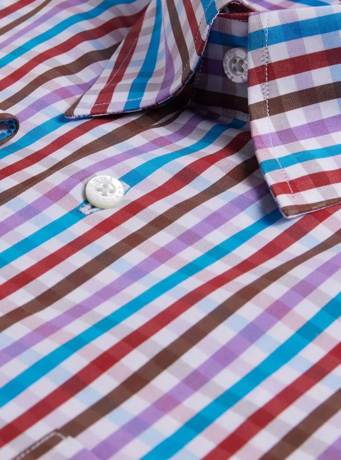 Men Paul Stuart Sport Shirts Cotton Multicolor Check Sport Shirt Purplered