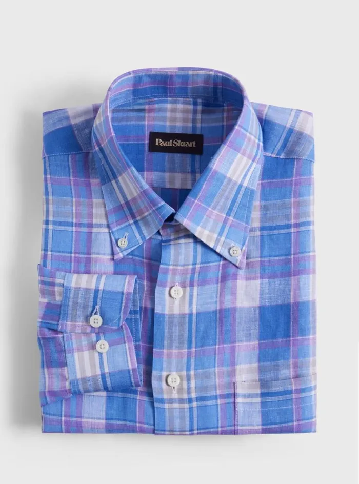 Men Paul Stuart Sport Shirts Linen Multicolor Plaid Sport Shirt Bluepurple