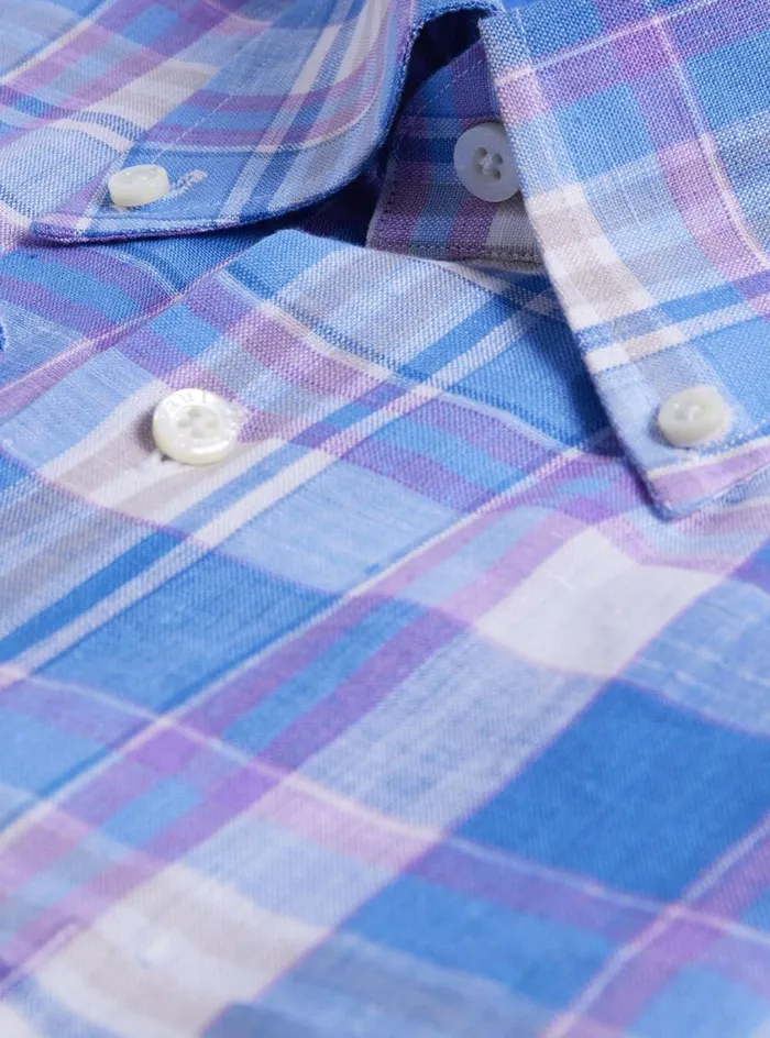 Men Paul Stuart Sport Shirts Linen Multicolor Plaid Sport Shirt Bluepurple