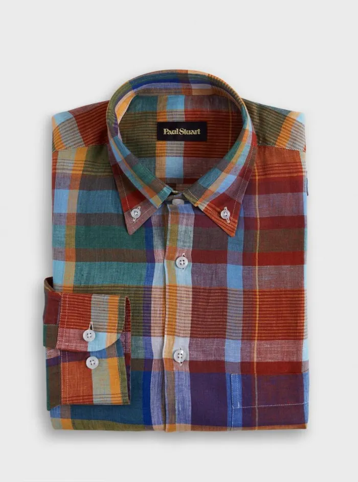 Men Paul Stuart Sport Shirts Linen Plaid Sport Shirt Multi