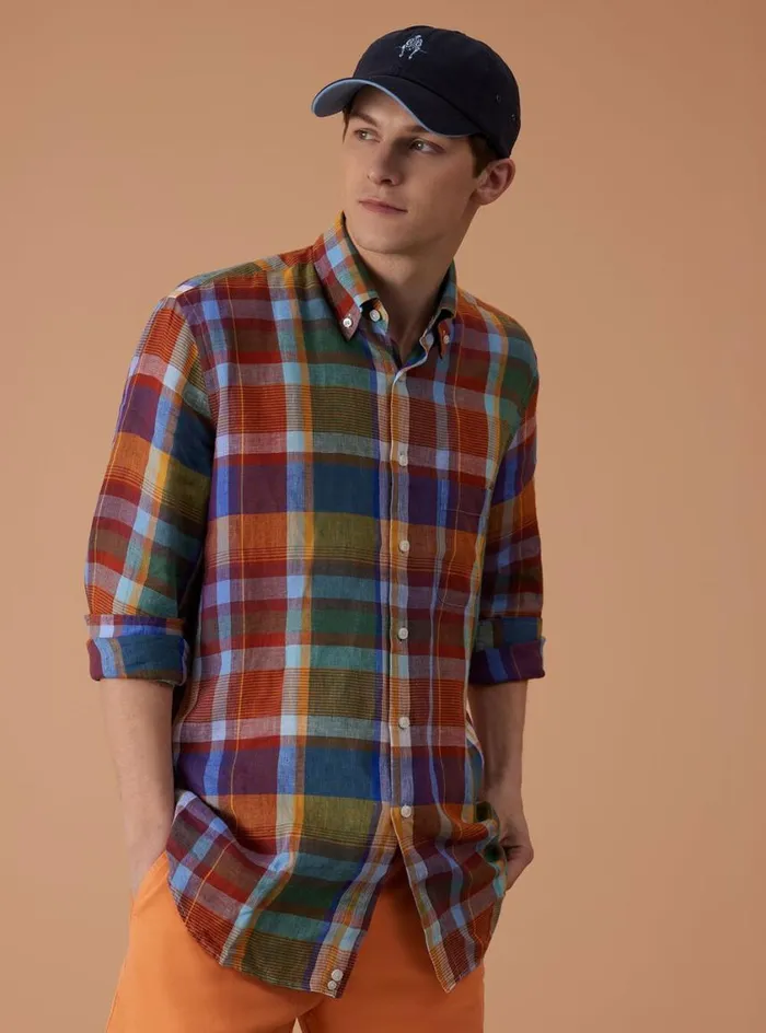 Men Paul Stuart Sport Shirts Linen Plaid Sport Shirt Multi
