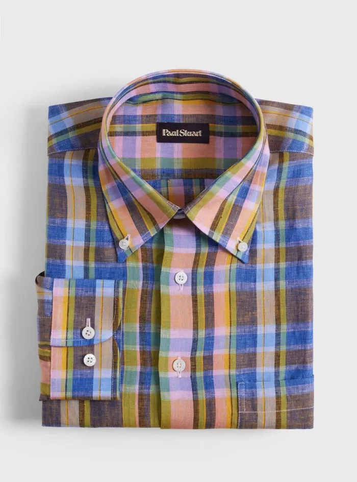 Men Paul Stuart Sport Shirts Linen Plaid Sport Shirt Orangegreen