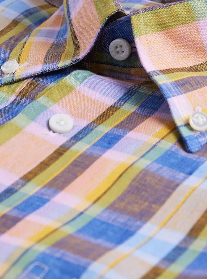 Men Paul Stuart Sport Shirts Linen Plaid Sport Shirt Orangegreen