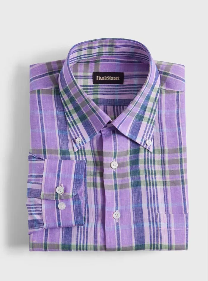 Men Paul Stuart Sport Shirts Linen Plaid Sport Shirt Pinkgreen