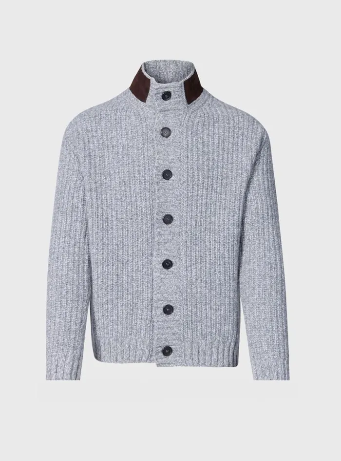 Men Paul Stuart Sweaters Button Front Cardigan With Suede Trim Silver