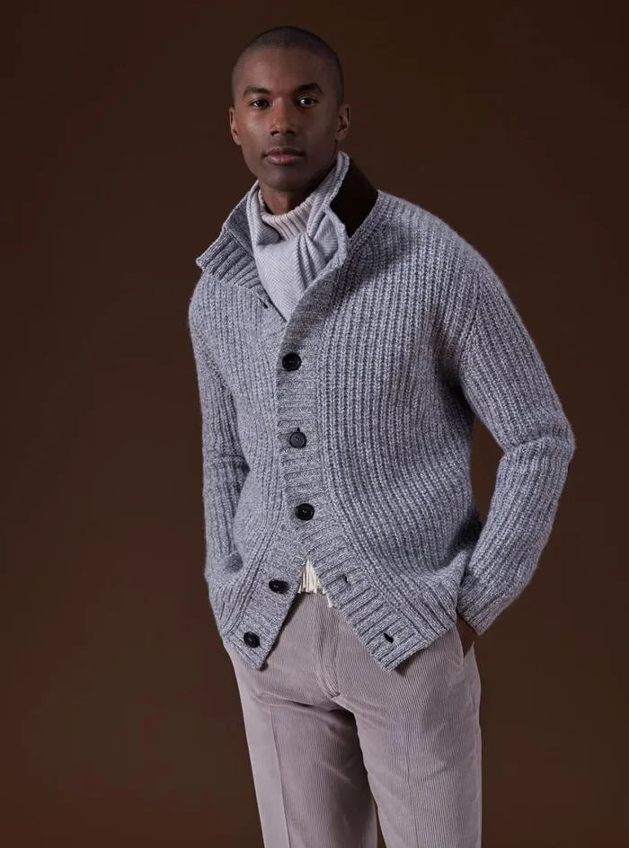 Men Paul Stuart Sweaters Button Front Cardigan With Suede Trim Silver