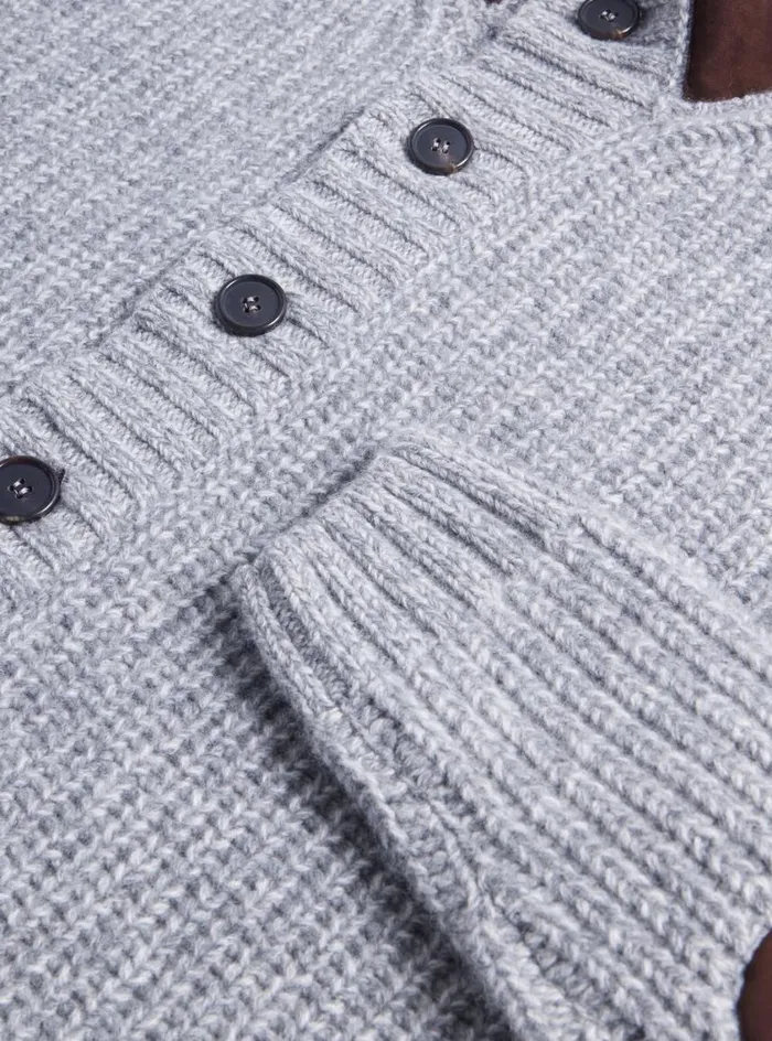 Men Paul Stuart Sweaters Button Front Cardigan With Suede Trim Silver