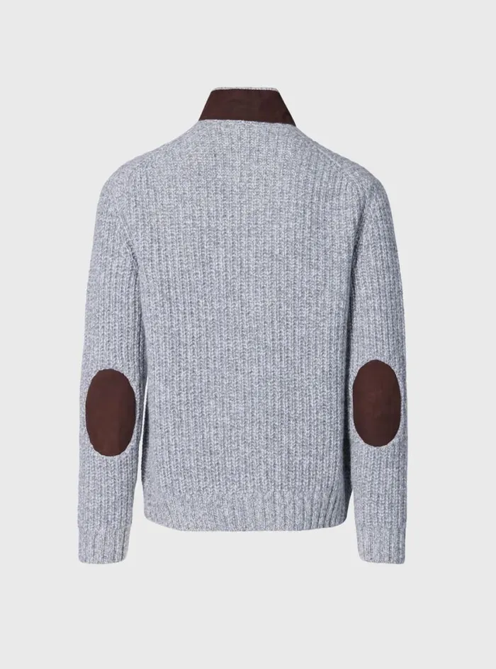 Men Paul Stuart Sweaters Button Front Cardigan With Suede Trim Silver