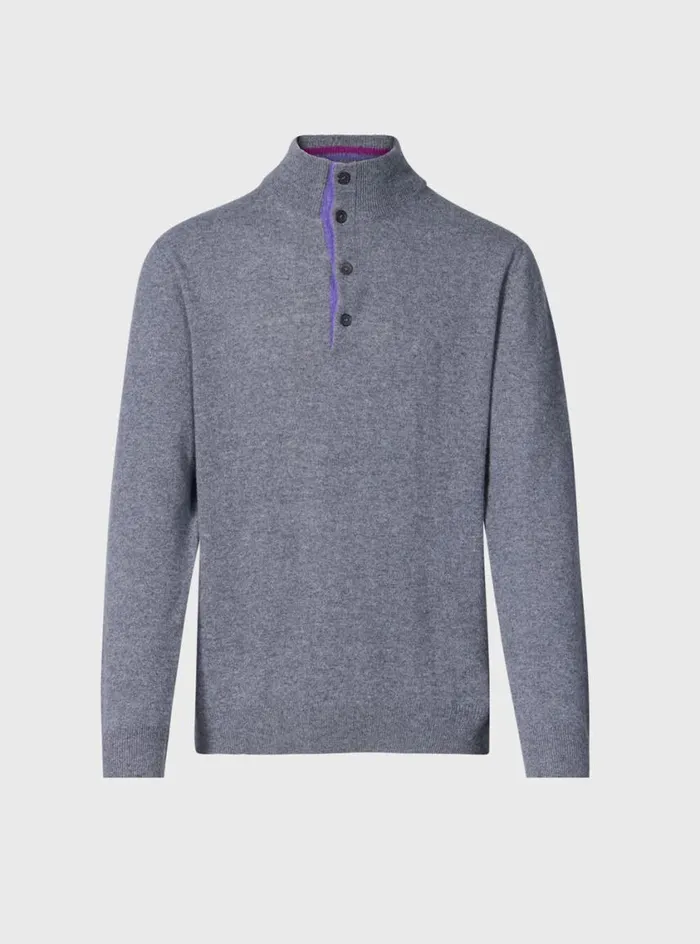 Men Paul Stuart Sweaters Cashmere Button Mock Neck Sweater Grey