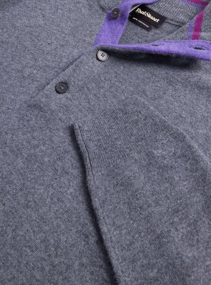 Men Paul Stuart Sweaters Cashmere Button Mock Neck Sweater Grey