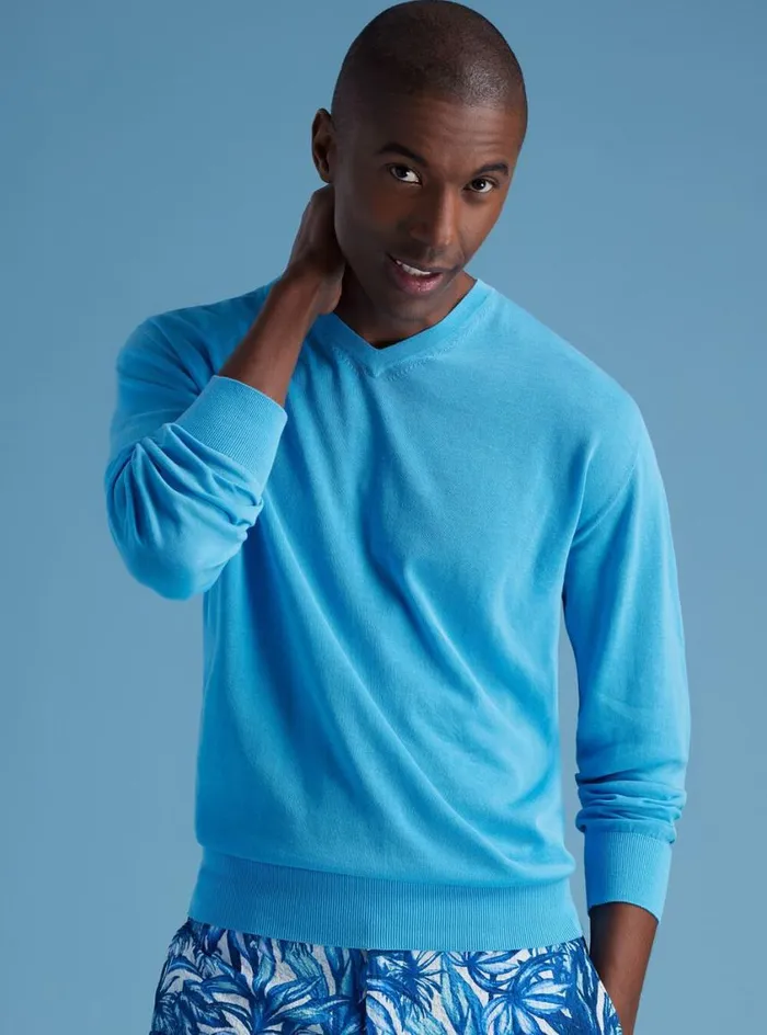 Men Paul Stuart Sweaters Fine Gauge Cotton VNeck Sweater Sage