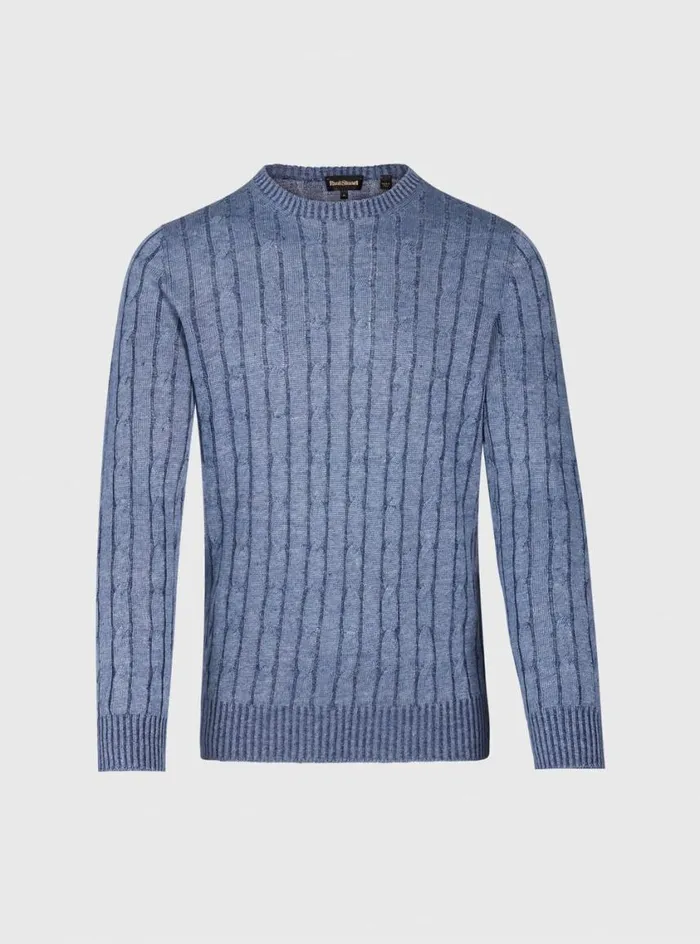 Men Paul Stuart Sweaters Linen Cable Crewneck Sweater Denim