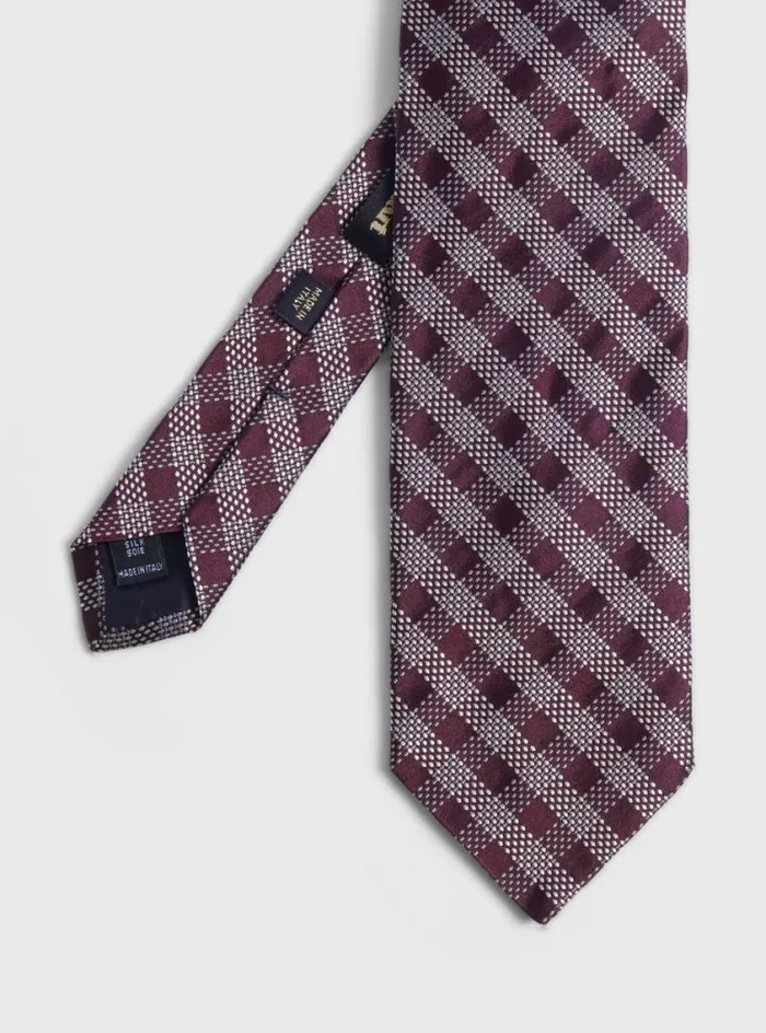 Men Paul Stuart Ties Silk Jacquard Check Tie Burgundy