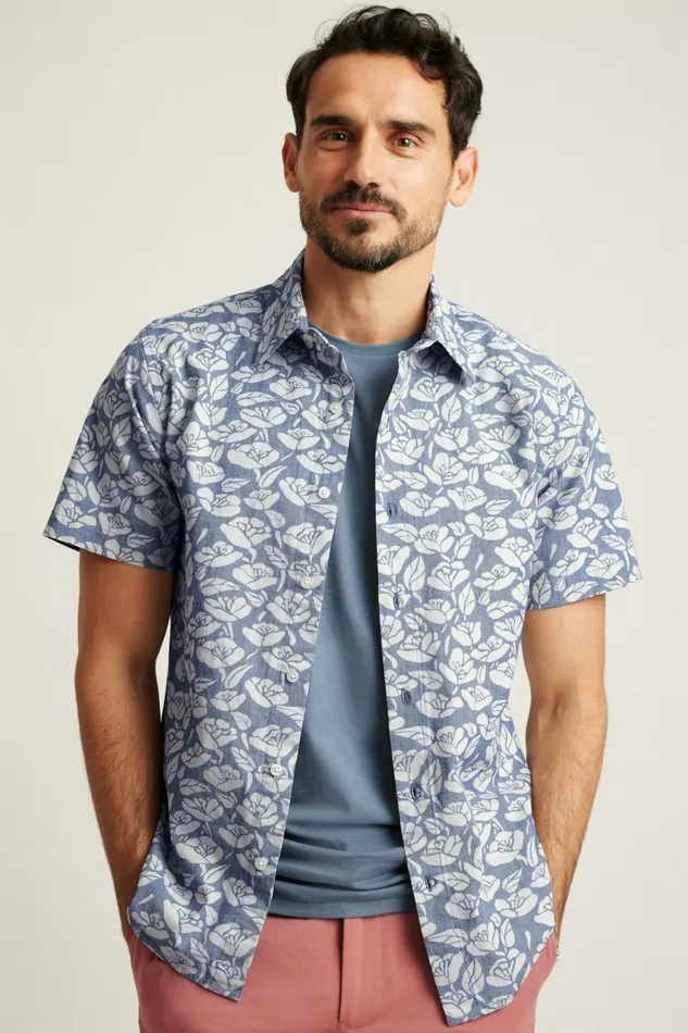 Men Riviera Short Sleeve Shirt Chambray Goodman Floral Bonobos Casual Shirts