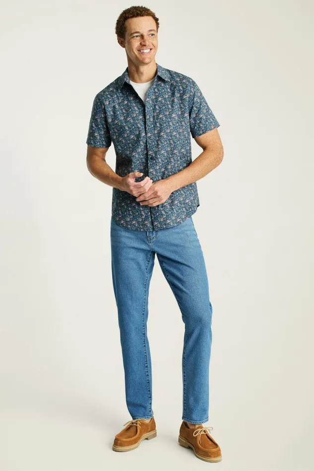 Men Riviera Short Sleeve Shirt Navy Blue Bird Floral Bonobos Casual Shirts