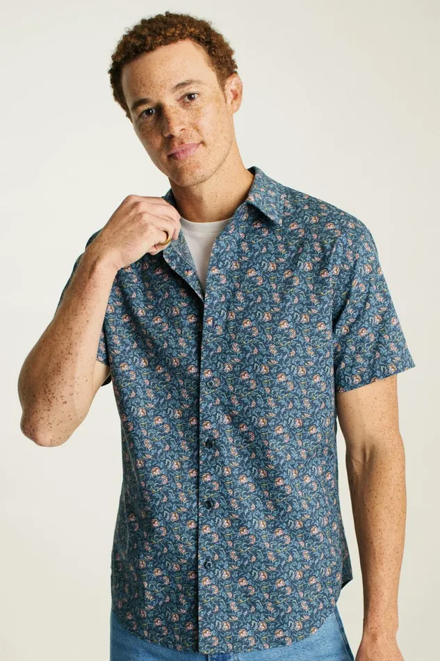 Men Riviera Short Sleeve Shirt Navy Blue Bird Floral Bonobos Casual Shirts