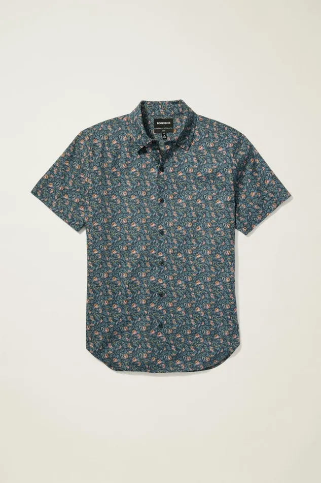 Men Riviera Short Sleeve Shirt Navy Blue Bird Floral Bonobos Casual Shirts