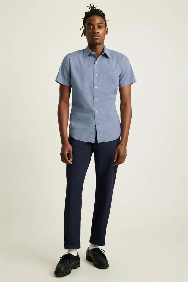 Men Riviera Short Sleeve Shirt Navy Chambray Dot Bonobos Casual Shirts