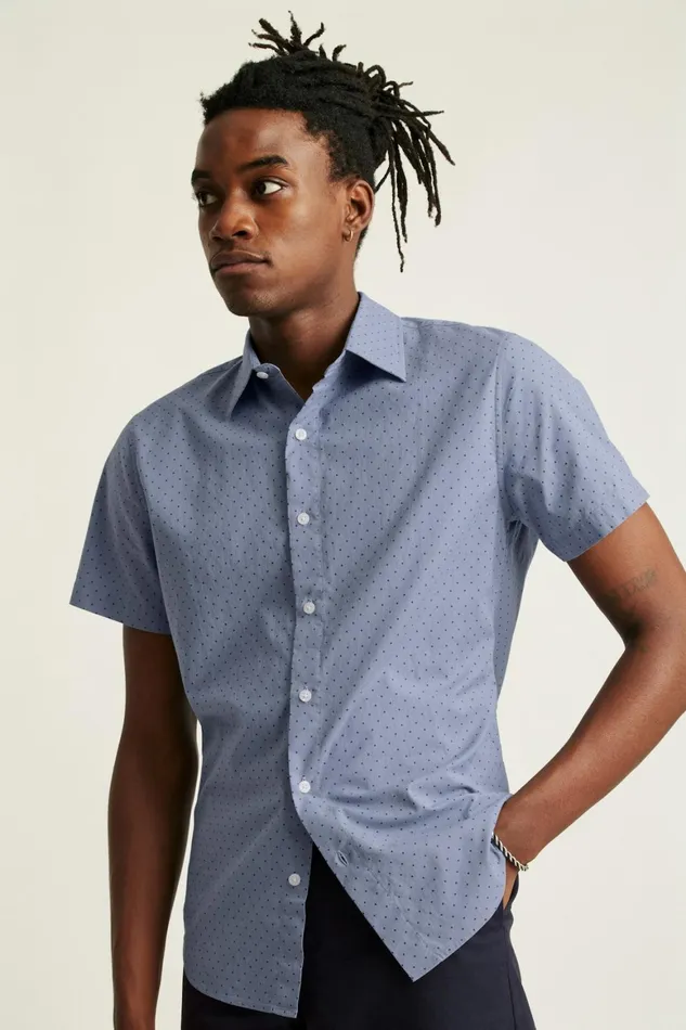 Men Riviera Short Sleeve Shirt Navy Chambray Dot Bonobos Casual Shirts