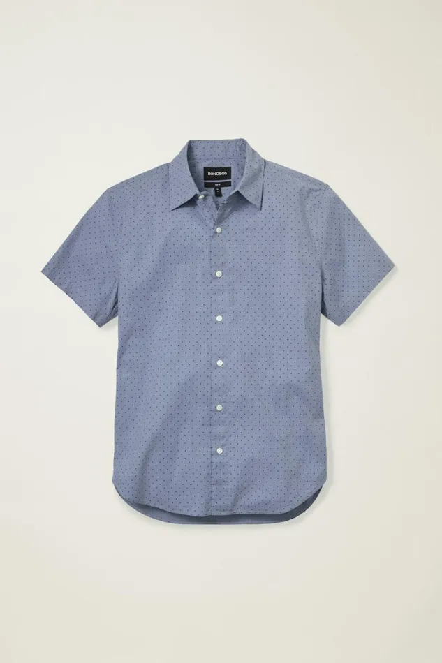 Men Riviera Short Sleeve Shirt Navy Chambray Dot Bonobos Casual Shirts