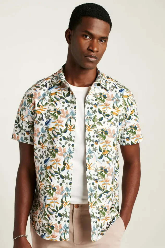 Men Riviera Short Sleeve Shirt White Toucan Paradise Bonobos Casual Shirts