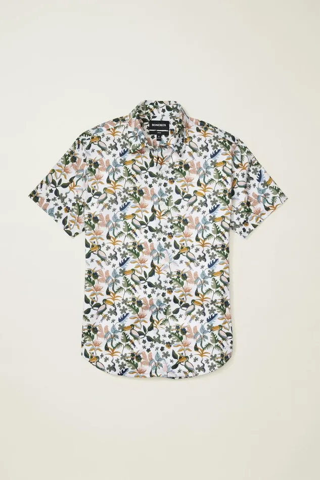 Men Riviera Short Sleeve Shirt White Toucan Paradise Bonobos Casual Shirts