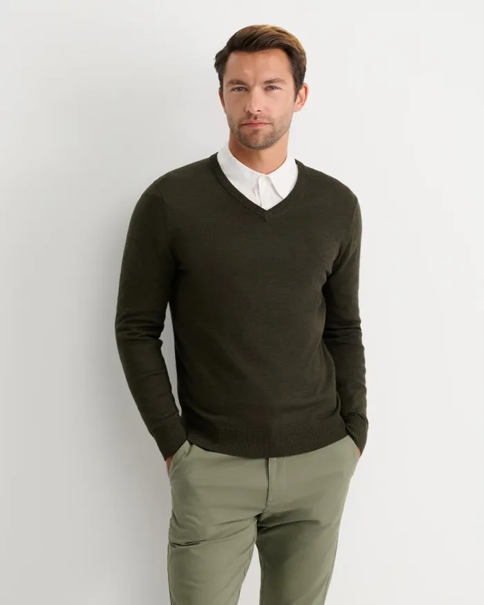 Men Sportscraft Knitwear Merino VNeck Knit Dark Khaki