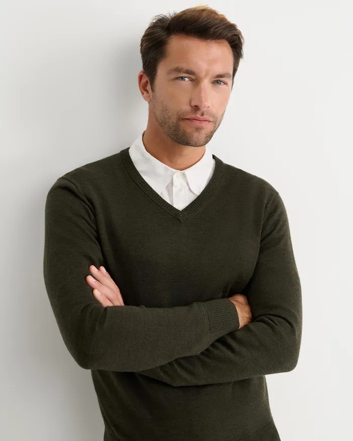 Men Sportscraft Knitwear Merino VNeck Knit Dark Khaki